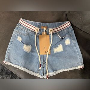 POL Light Blue Distressed Denim Jean Shorts with Drawstring Waist